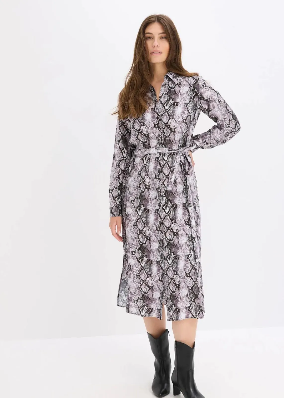 bonprix Bekleidung·Pullover & Strickjacken|Kleider^Blusenkleid graubraun schlange bedruckt