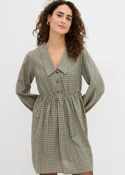 bonprix Kleider^Blusenkleid aus Baumwoll-Mix oliv/blau kariert