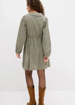 bonprix Kleider^Blusenkleid aus Baumwoll-Mix oliv/blau kariert