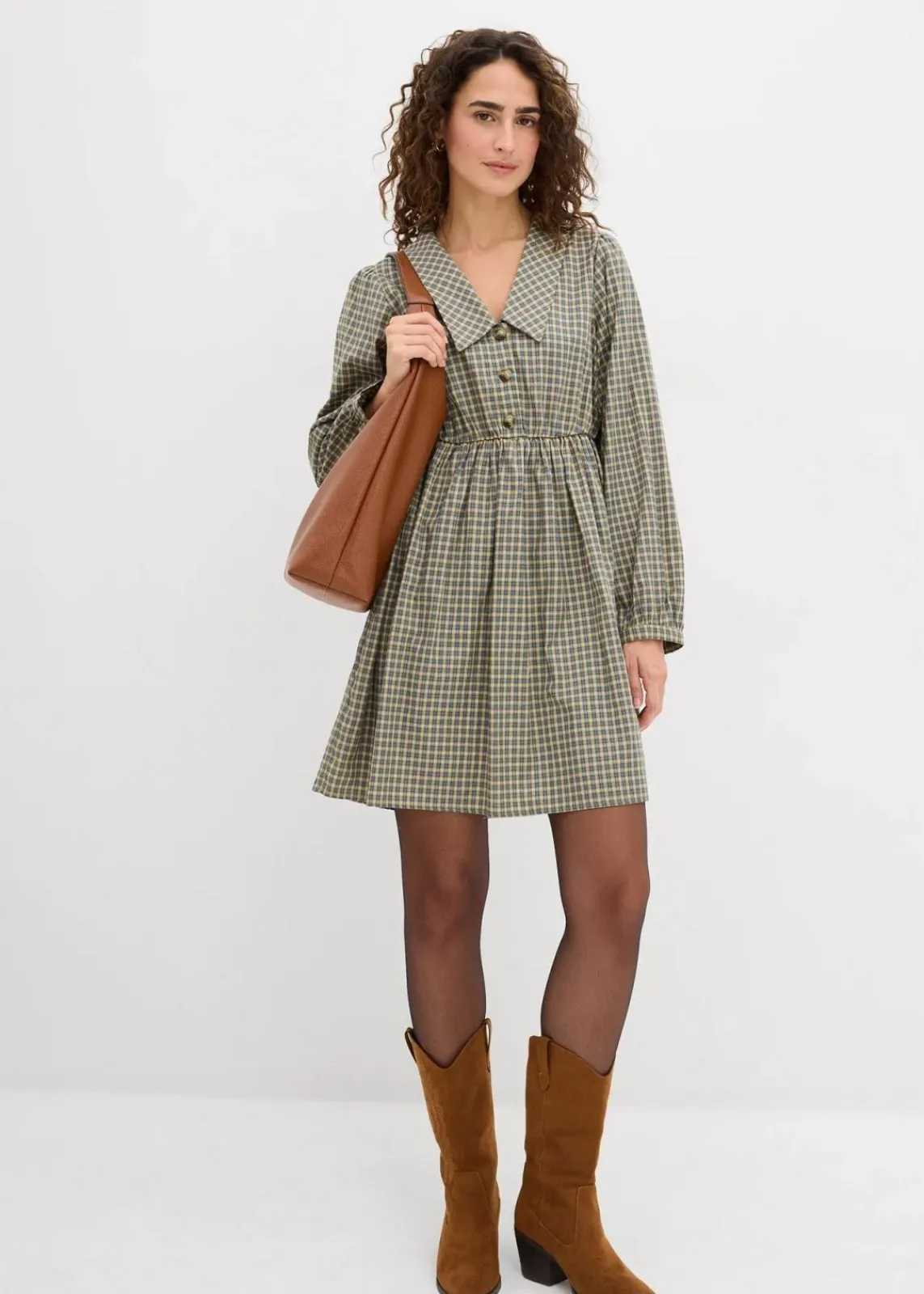 bonprix Kleider^Blusenkleid aus Baumwoll-Mix oliv/blau kariert
