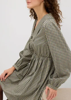 bonprix Kleider^Blusenkleid aus Baumwoll-Mix oliv/blau kariert