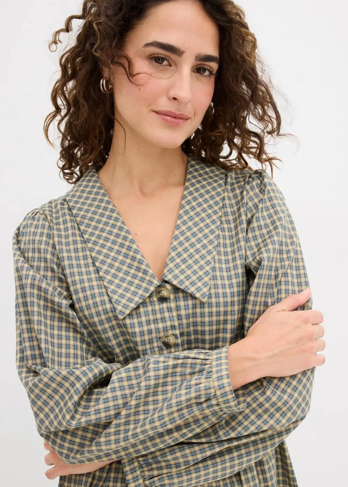 bonprix Kleider^Blusenkleid aus Baumwoll-Mix oliv/blau kariert