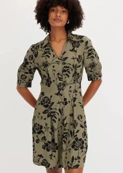 bonprix Kleider|Kurzgrößen^Blusenkleid aus fließender Viskose oliv/schwarz geblümt