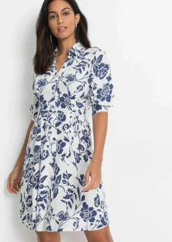 bonprix Kurzgrößen|Bekleidung·Pullover & Strickjacken^Blusenkleid aus fließender Viskose wollweiß/mitternachtsblau geblümt