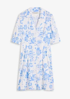 bonprix Kleider|Kurzgrößen^Blusenkleid aus fließender Viskose mittelblau/wollweiß