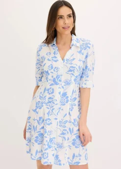 bonprix Kleider|Kurzgrößen^Blusenkleid aus fließender Viskose mittelblau/wollweiß