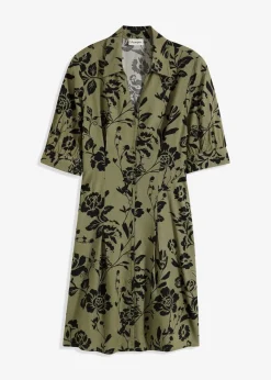 bonprix Kleider|Kurzgrößen^Blusenkleid aus fließender Viskose oliv/schwarz geblümt