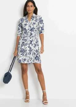 bonprix Kleider|Kurzgrößen^Blusenkleid aus fließender Viskose wollweiß/mitternachtsblau geblümt