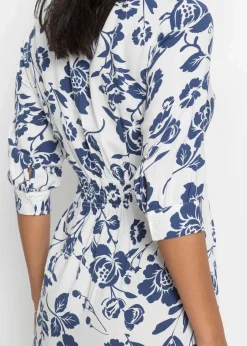 bonprix Kleider|Kurzgrößen^Blusenkleid aus fließender Viskose wollweiß/mitternachtsblau geblümt