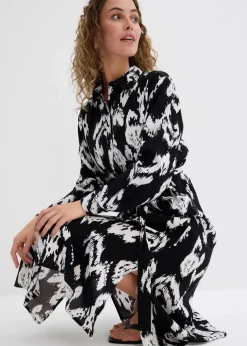 bonprix Bekleidung·Pullover & Strickjacken|Kleider^Blusenkleid aus fließender Viskose schwarz/wollweiß bedruckt