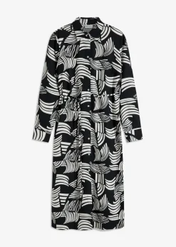bonprix Bekleidung·Pullover & Strickjacken|Kleider^Blusenkleid aus leichtem Leinen-Mix schwarz/wollweiß graphisch bedruckt