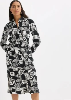 bonprix Bekleidung·Pullover & Strickjacken|Kleider^Blusenkleid aus leichtem Leinen-Mix schwarz/wollweiß graphisch bedruckt
