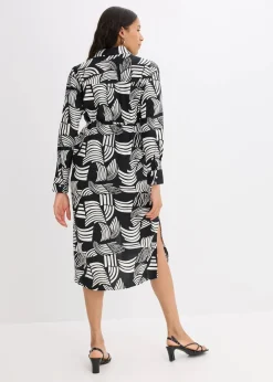 bonprix Bekleidung·Pullover & Strickjacken|Kleider^Blusenkleid aus leichtem Leinen-Mix schwarz/wollweiß graphisch bedruckt