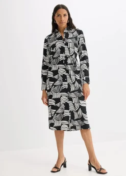 bonprix Bekleidung·Pullover & Strickjacken|Kleider^Blusenkleid aus leichtem Leinen-Mix schwarz/wollweiß graphisch bedruckt