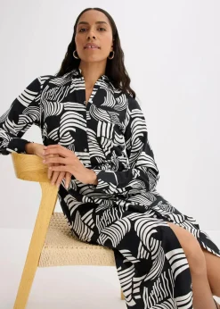bonprix Bekleidung·Pullover & Strickjacken|Kleider^Blusenkleid aus leichtem Leinen-Mix schwarz/wollweiß graphisch bedruckt