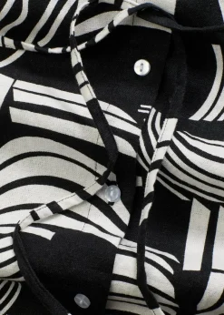 bonprix Bekleidung·Pullover & Strickjacken|Kleider^Blusenkleid aus leichtem Leinen-Mix schwarz/wollweiß graphisch bedruckt