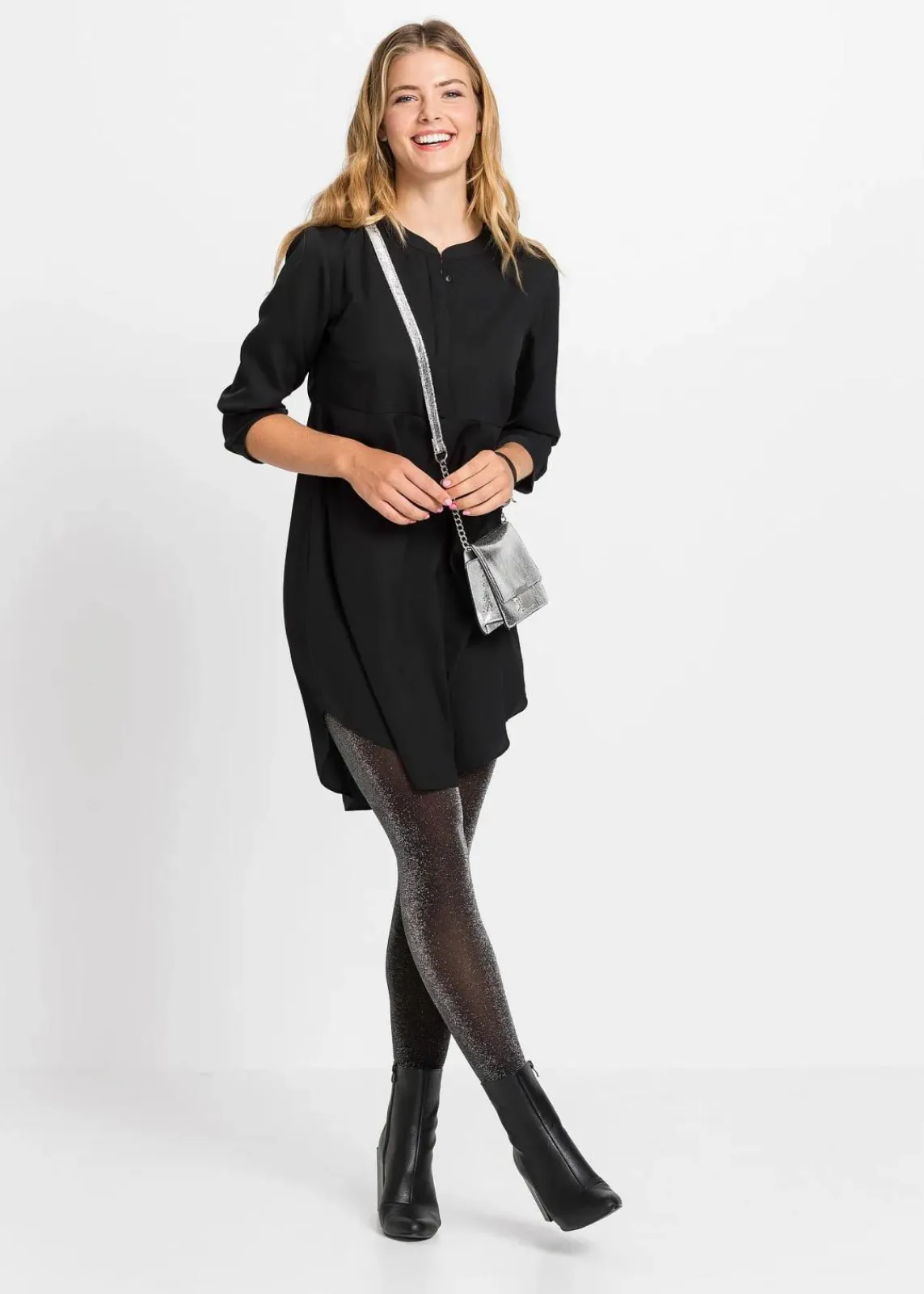 bonprix Bekleidung·Pullover & Strickjacken|Nachhaltigere Materialien^Blusenkleid mit kurzer Knopfleiste schwarz