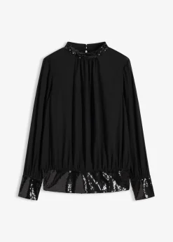 bonprix Bekleidung·Jacken & Mäntel|Festliche Mode^Blusenshirt aus feinem Tüll mit Pailletten schwarz