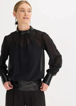 bonprix Bekleidung·Jacken & Mäntel|Festliche Mode^Blusenshirt aus feinem Tüll mit Pailletten schwarz