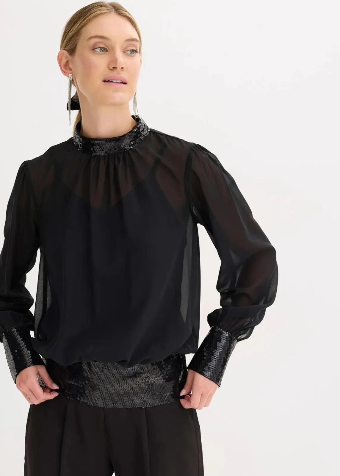 bonprix Bekleidung·Jacken & Mäntel|Festliche Mode^Blusenshirt aus feinem Tüll mit Pailletten schwarz