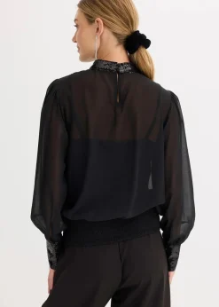 bonprix Bekleidung·Jacken & Mäntel|Festliche Mode^Blusenshirt aus feinem Tüll mit Pailletten schwarz