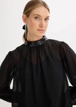 bonprix Bekleidung·Jacken & Mäntel|Festliche Mode^Blusenshirt aus feinem Tüll mit Pailletten schwarz