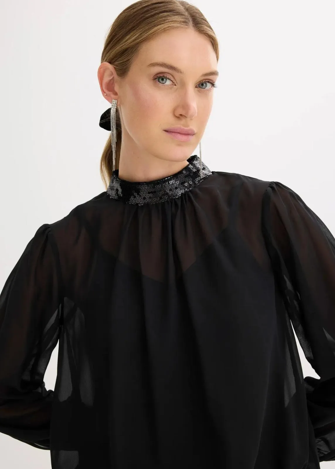 bonprix Bekleidung·Jacken & Mäntel|Festliche Mode^Blusenshirt aus feinem Tüll mit Pailletten schwarz
