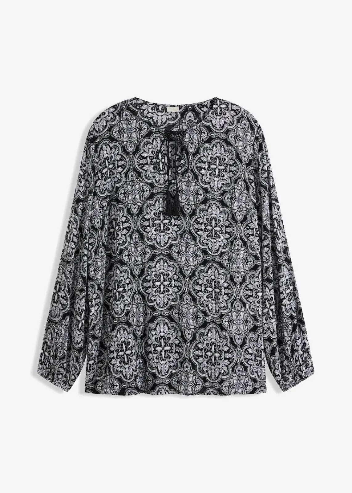 bonprix Blusen & Tuniken|Nachhaltigere Materialien^Blusenshirt aus strukturierter Viskose schwarz/weiß bedruckt