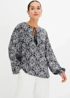 bonprix Blusen & Tuniken|Nachhaltigere Materialien^Blusenshirt aus strukturierter Viskose schwarz/weiß bedruckt