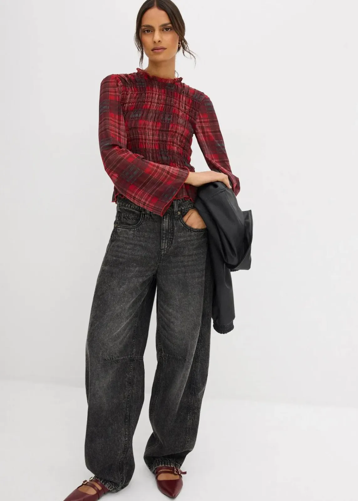 bonprix Blusen & Tuniken^Blusenshirt mit Smokeinsatz rot kariert