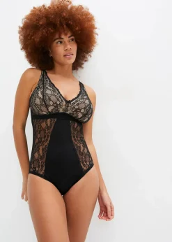 bonprix Wäsche·Bodies|Wäsche·Dessous^Body ohne Bügel mit zarter Spitze schwarz/puder