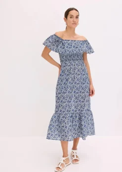 bonprix Kleider^Boho-Midikleid mit Carmenausschnitt aus leichter Baumwolle blau bedruckt