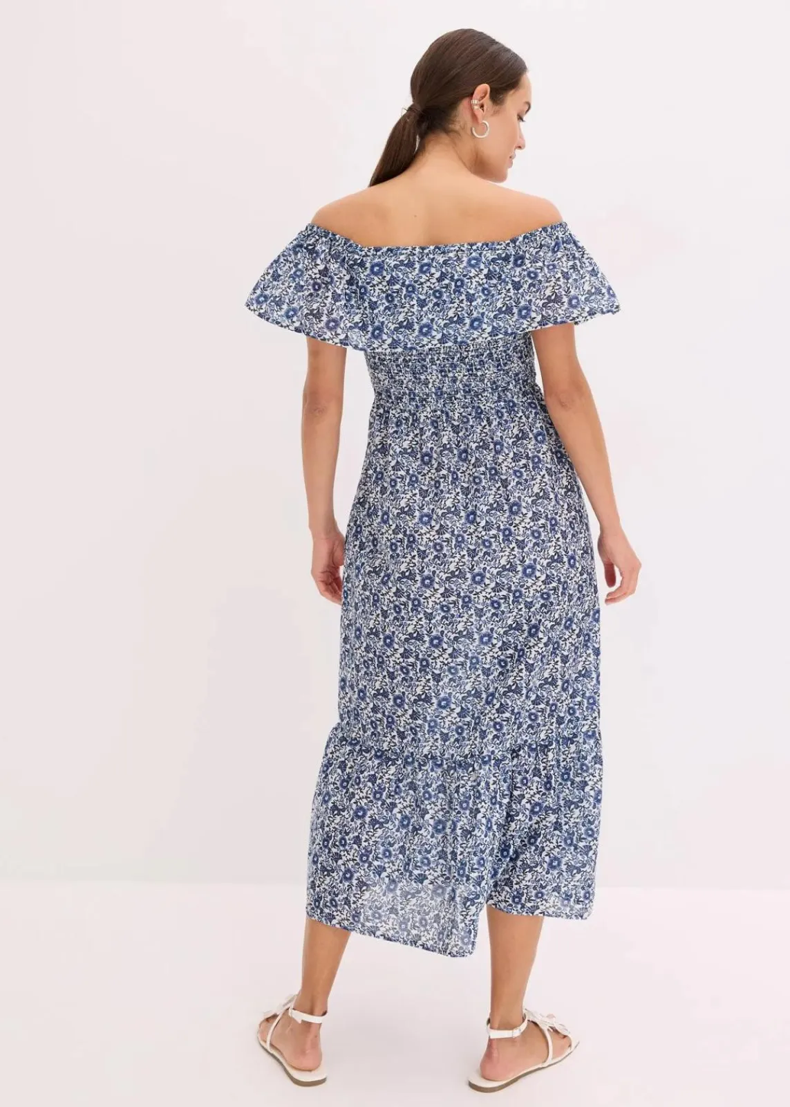 bonprix Kleider^Boho-Midikleid mit Carmenausschnitt aus leichter Baumwolle blau bedruckt