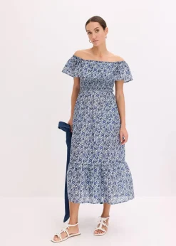 bonprix Kleider^Boho-Midikleid mit Carmenausschnitt aus leichter Baumwolle blau bedruckt