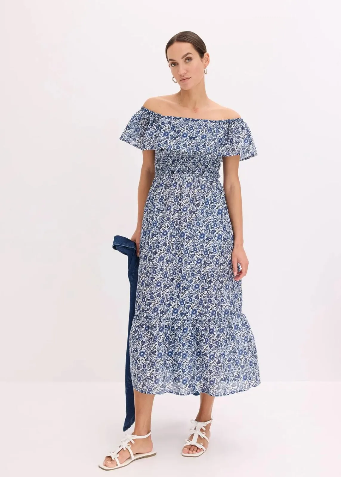 bonprix Kleider^Boho-Midikleid mit Carmenausschnitt aus leichter Baumwolle blau bedruckt