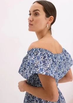 bonprix Kleider^Boho-Midikleid mit Carmenausschnitt aus leichter Baumwolle blau bedruckt