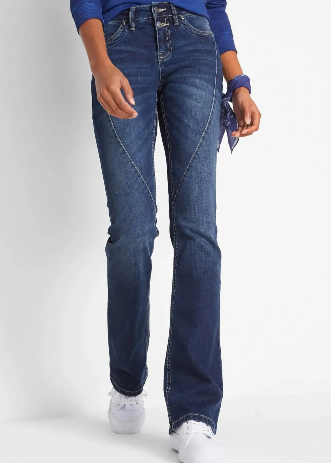 bonprix Kurzgrößen|Bekleidung·Shirts & Tops^Bootcut Jeans Mid Waist, Stretch dunkelblau used