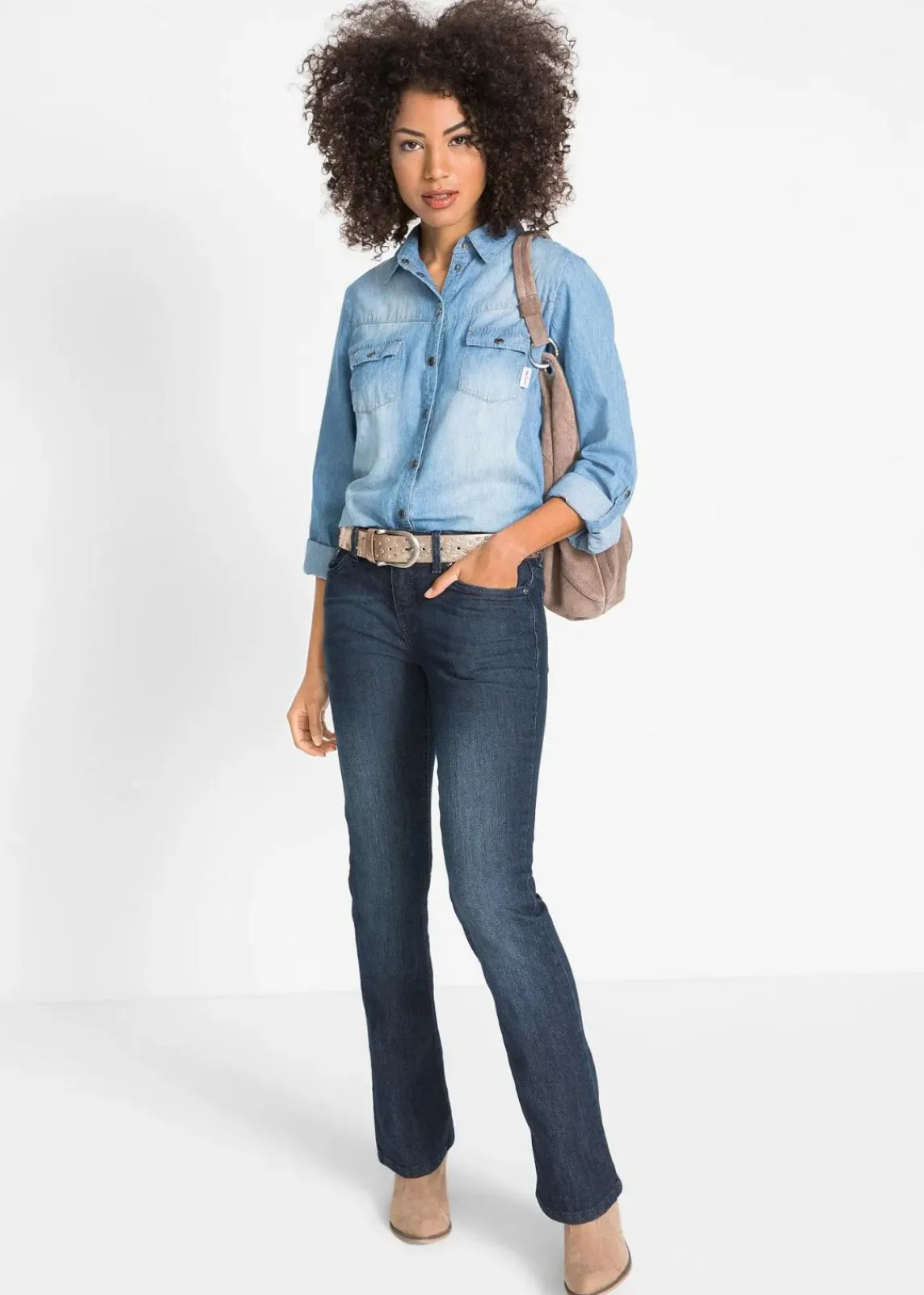 bonprix Kurzgrößen|Bekleidung·Shirts & Tops^Bootcut Jeans Mid Waist, Stretch dunkelblau used