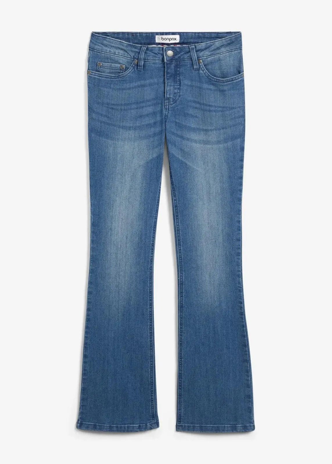 bonprix Jeans|Kurzgrößen^Bootcut Jeans Mid Waist, Stretch blau used