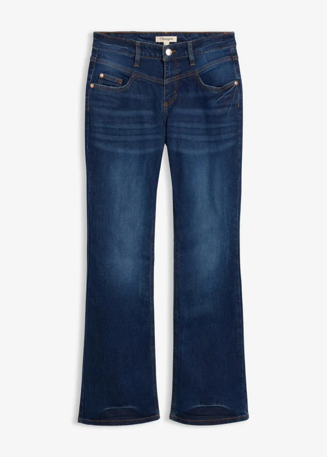 bonprix Kurzgrößen|Bekleidung·Shirts & Tops^Bootcut Jeans Mid Waist, Stretch blau denim used