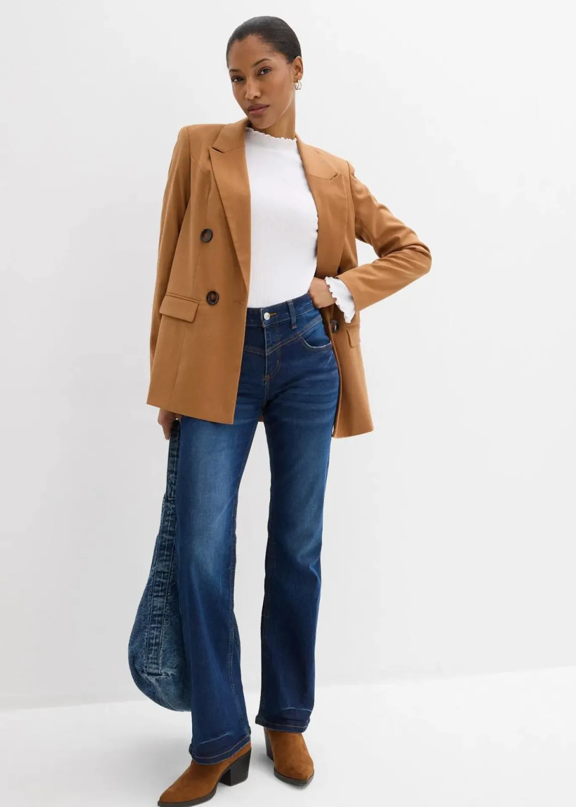 bonprix Kurzgrößen|Bekleidung·Shirts & Tops^Bootcut Jeans Mid Waist, Stretch blau denim used