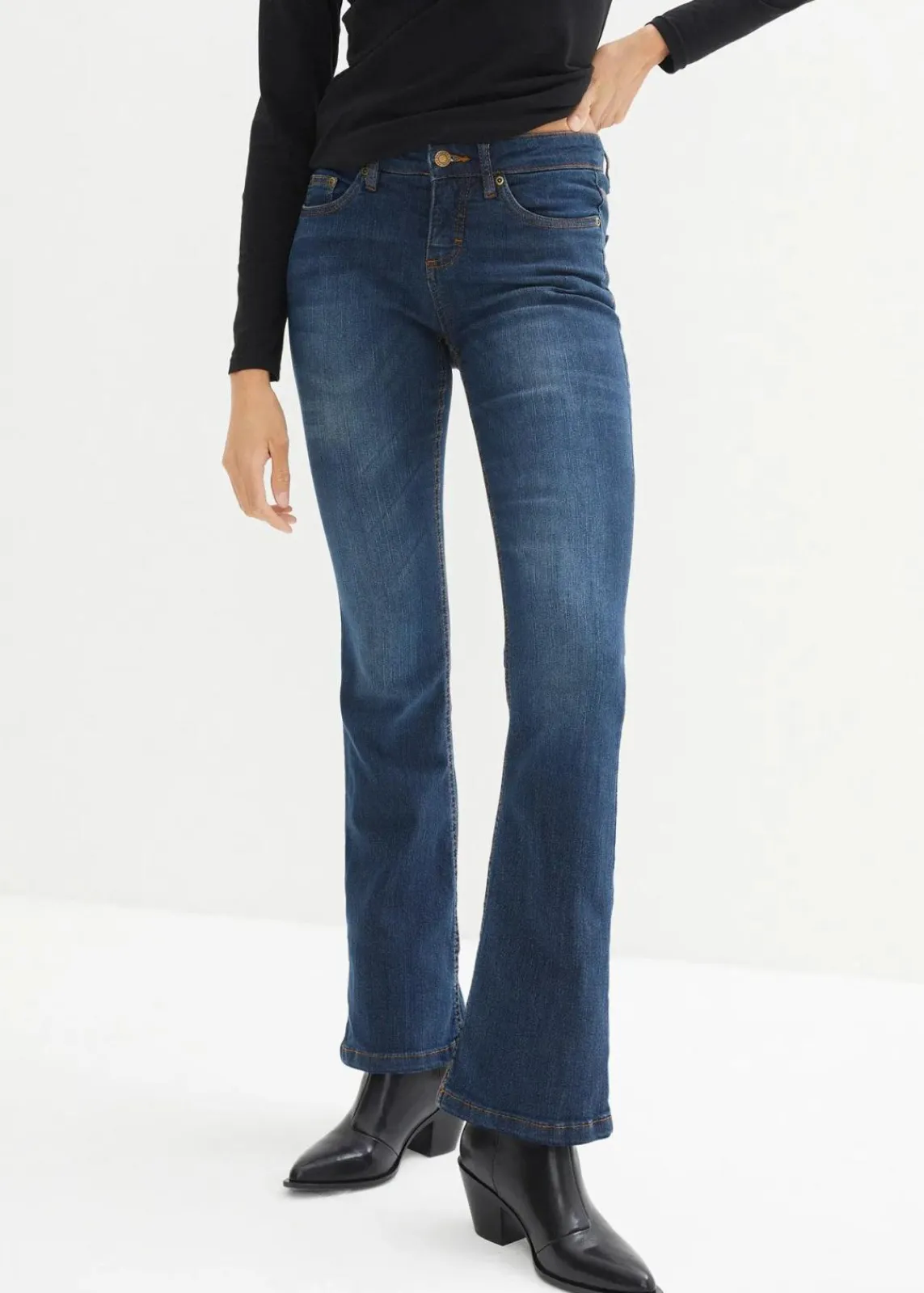 bonprix Kurzgrößen|Bekleidung·Shirts & Tops^Bootcut Jeans Mid Waist, Stretch dunkelblau used