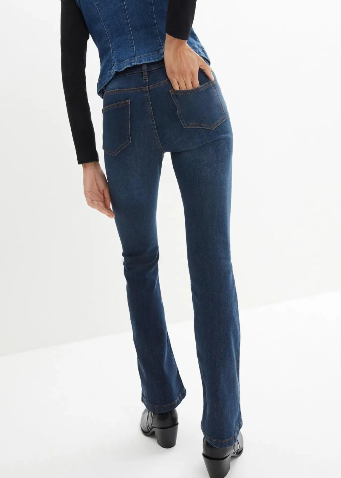 bonprix Kurzgrößen|Bekleidung·Shirts & Tops^Bootcut Jeans Mid Waist, Stretch dunkelblau used