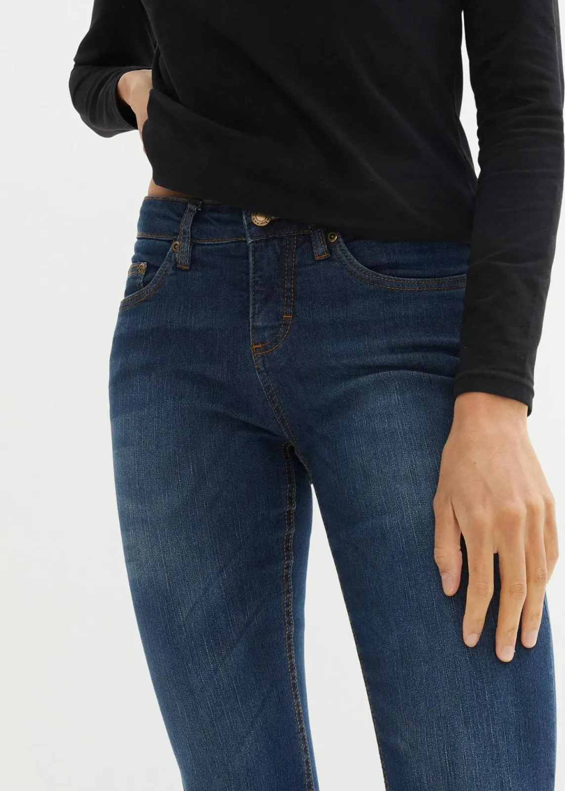 bonprix Kurzgrößen|Bekleidung·Shirts & Tops^Bootcut Jeans Mid Waist, Stretch dunkelblau used