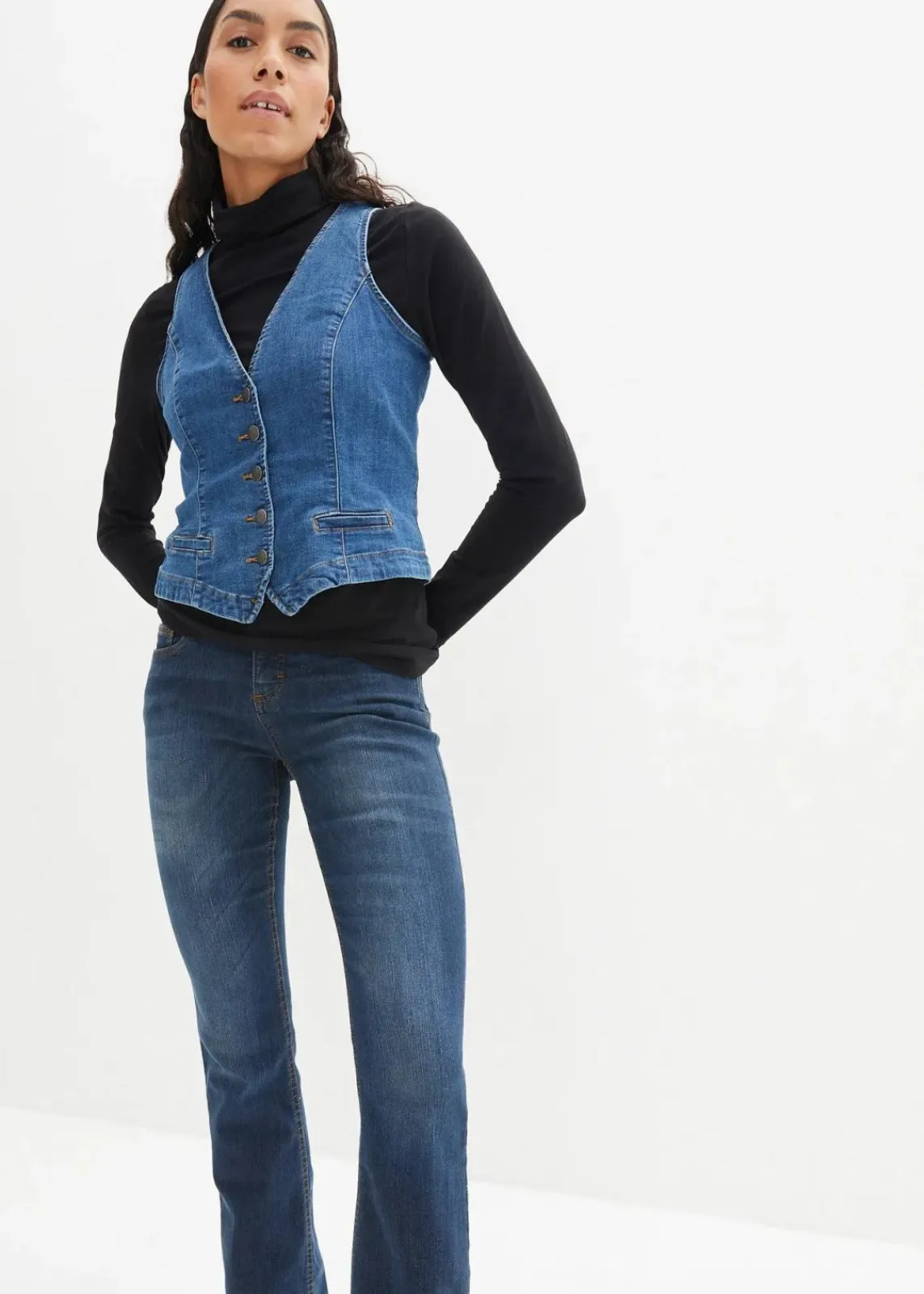 bonprix Kurzgrößen|Bekleidung·Shirts & Tops^Bootcut Jeans Mid Waist, Stretch dunkelblau used