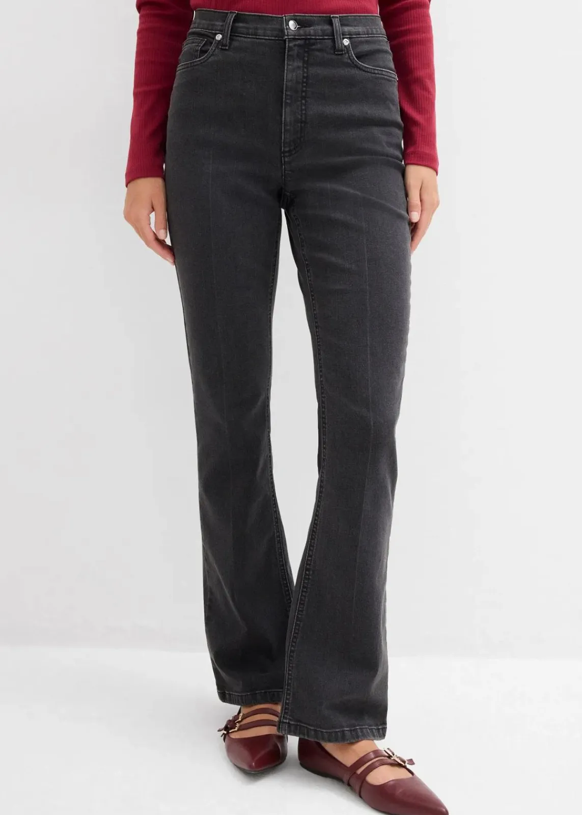 bonprix Jeans|Bekleidung·Shirts & Tops^Bootcut-Jeans High Waist dunkelgrau denim used