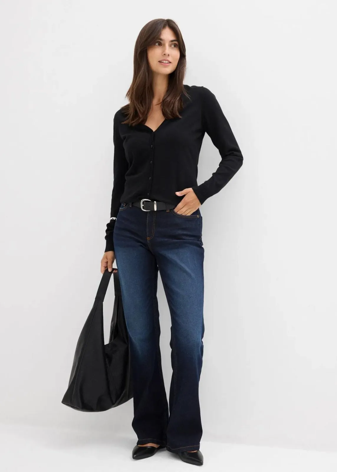 bonprix Jeans|Bekleidung·Shirts & Tops^Bootcut-Jeans Mid Waist dunkelblau denim used