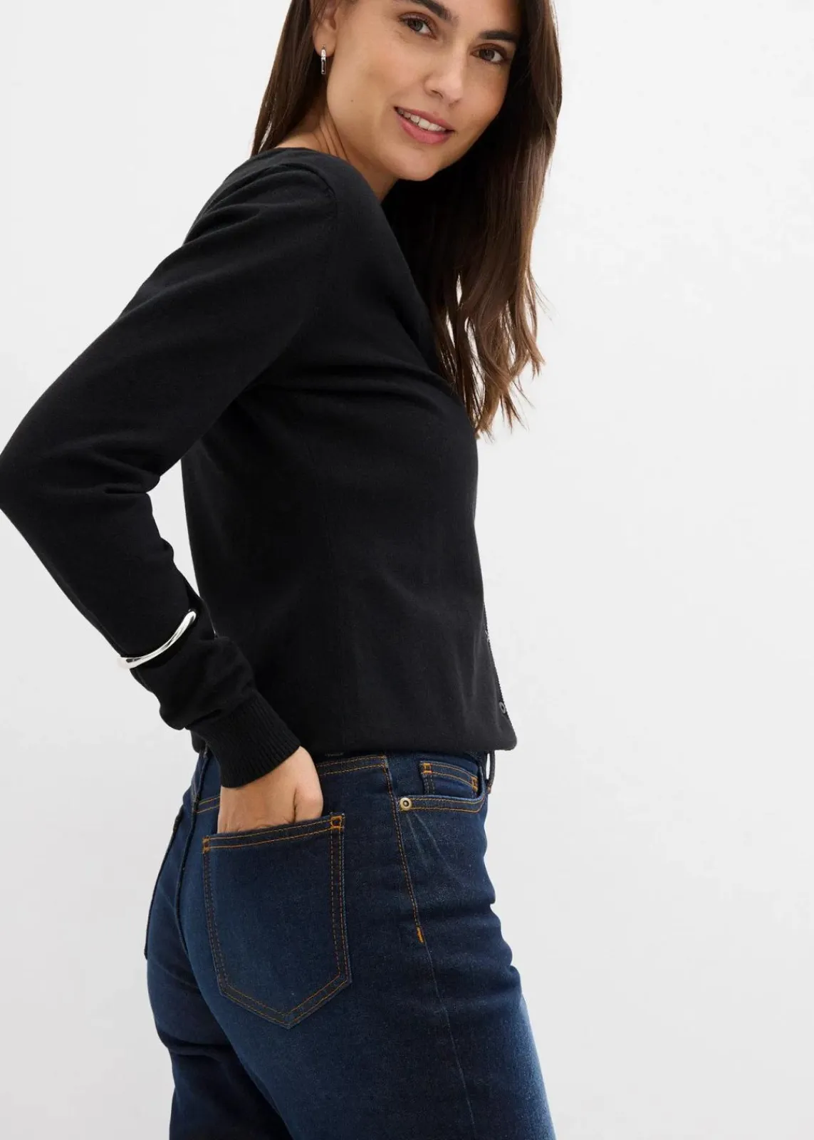 bonprix Jeans|Bekleidung·Shirts & Tops^Bootcut-Jeans Mid Waist dunkelblau denim used