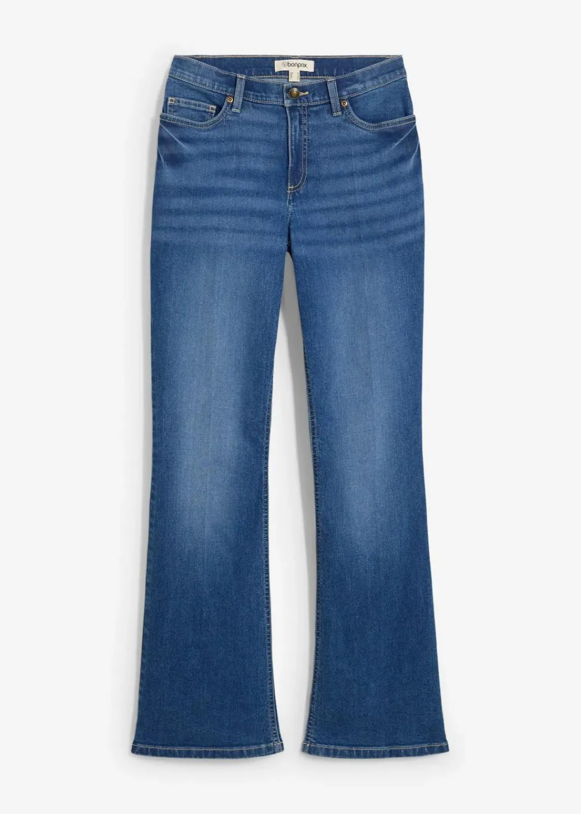 bonprix Bekleidung·Shirts & Tops|Jeans^Bootcut-Jeans Mid Waist mittelblau denim used