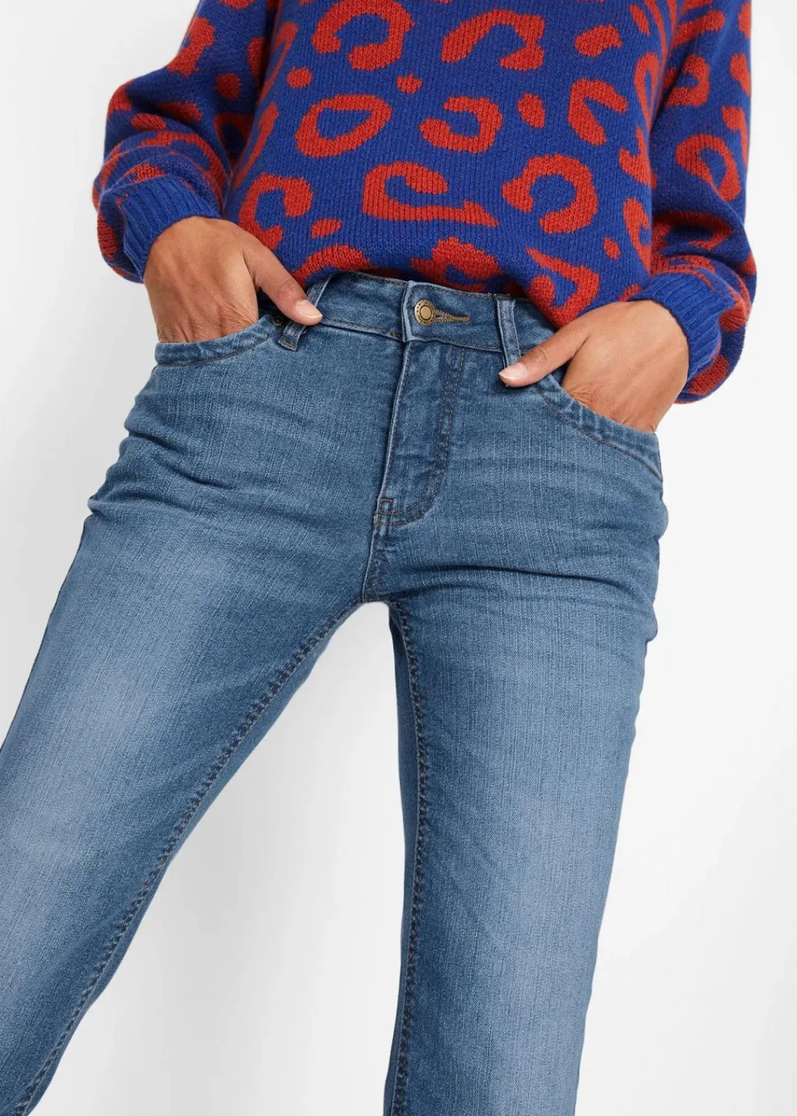 bonprix Kurzgrößen|Bekleidung·Shirts & Tops^Bootcut-Jeans Mid Waist, Komfort-Stretch blau used